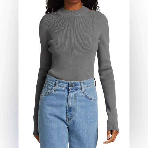 HELMUT LANG Ring Cutout Mockneck Pullover Top Gray Ling Sleeve Sweater - Picture 2 of 15